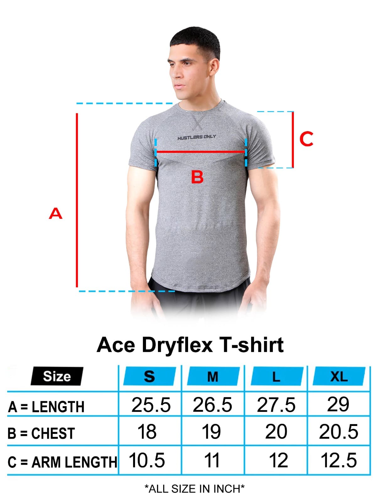 Ace Dryflex Gray T-shirt Size Chart | HustlersOnlyUK