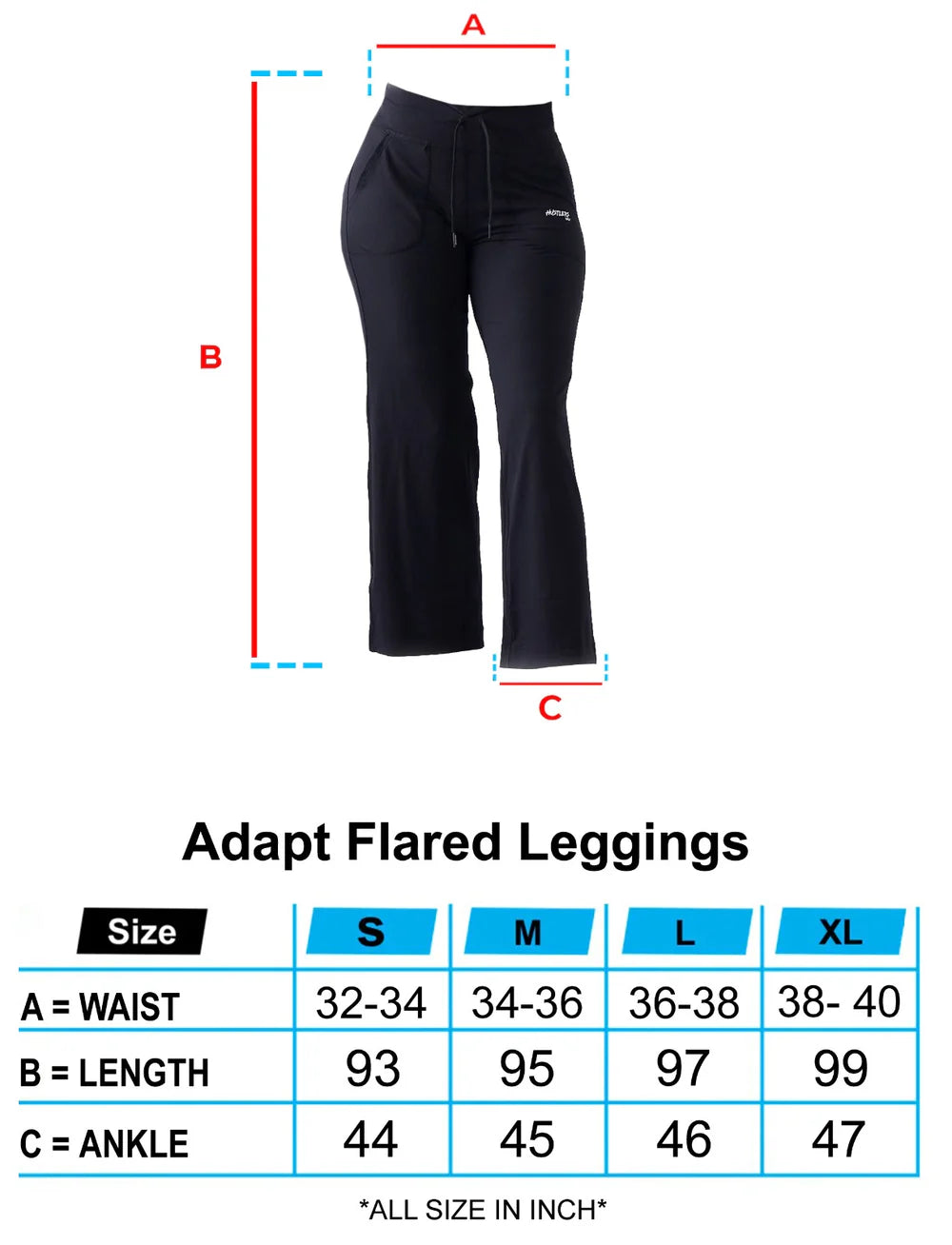 Black Adapt Flared Leggings Sizechart For Women | HustlersOnlyUK
