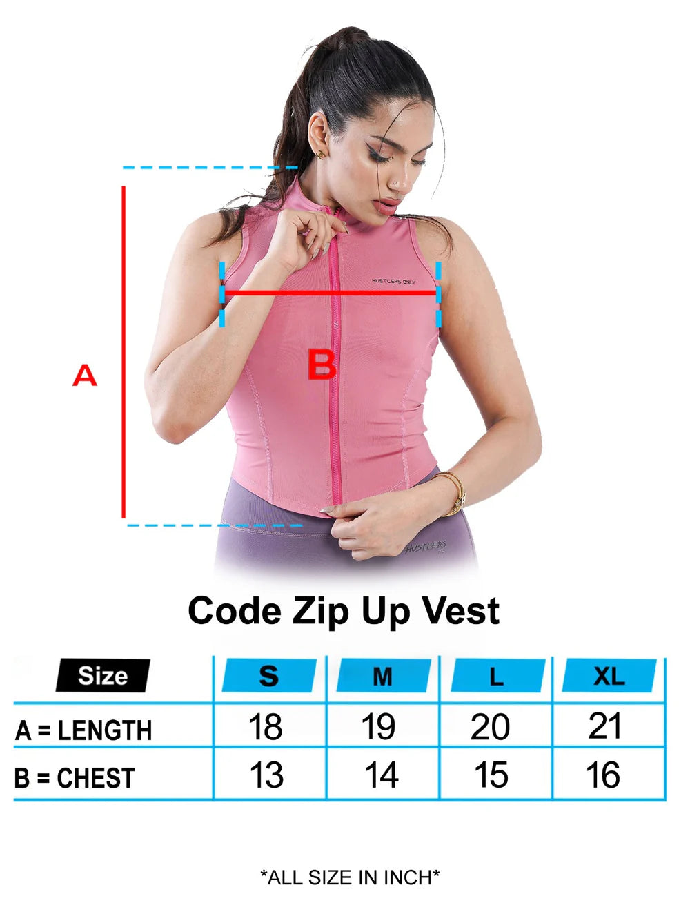 Pink Code Zip Up Vest Sizechart For Women | HustlersOnlyUK