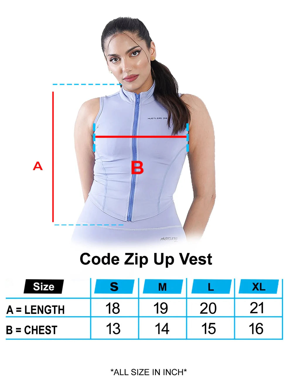 Sky Blue Code Zip Up Vest Sizechart For Women | HustlersOnlyUK