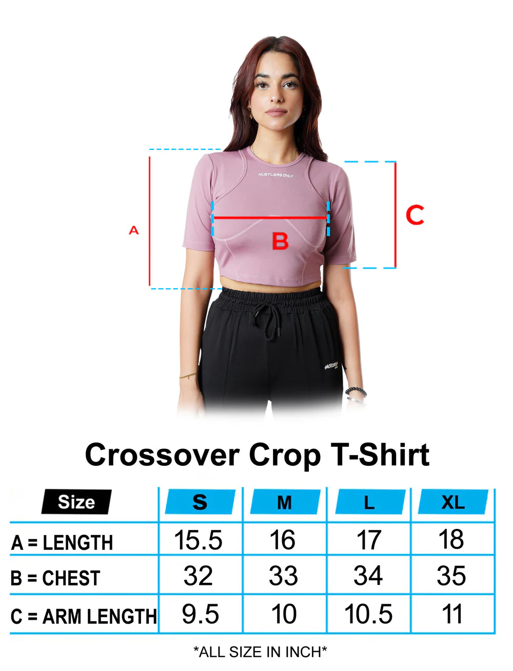 Pink Crossover Croptop For Women Sizechart | HustlersOnlyUK
