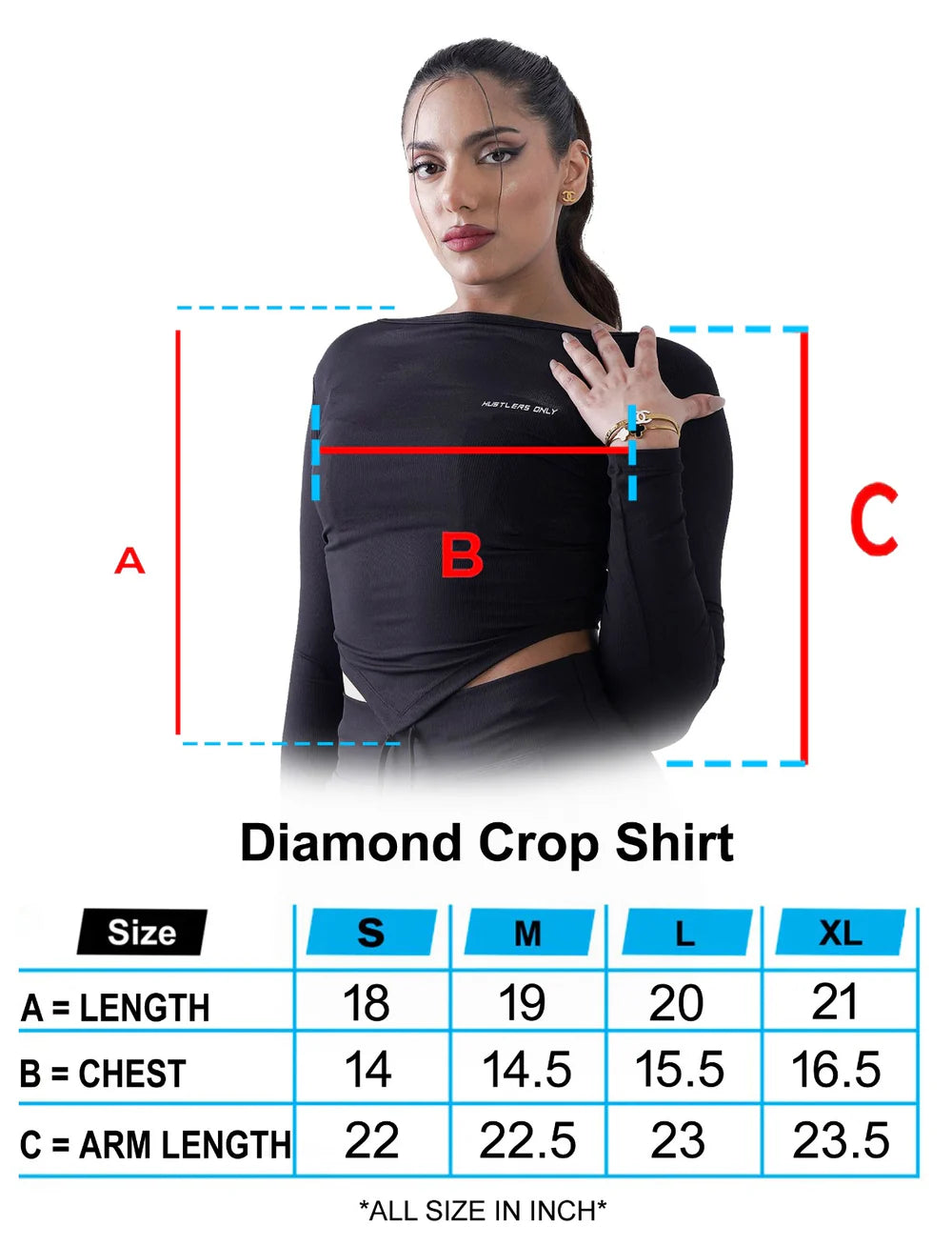 Black Diamond Crop Shirt Sizechart | HustlersOnlyUK