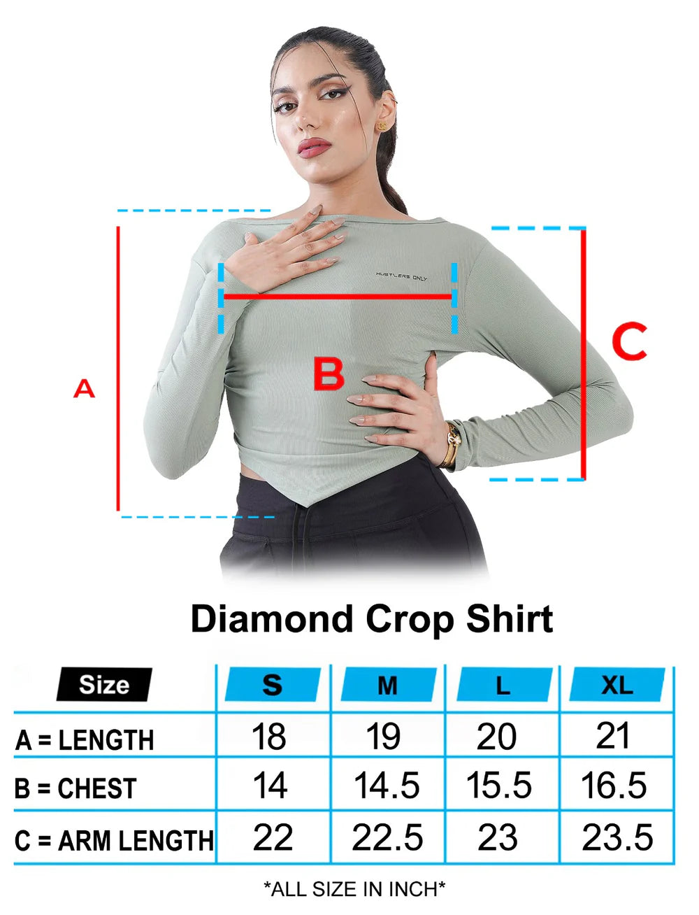 Green Diamond Crop Shirt Sizechart | HustlersOnlyUK