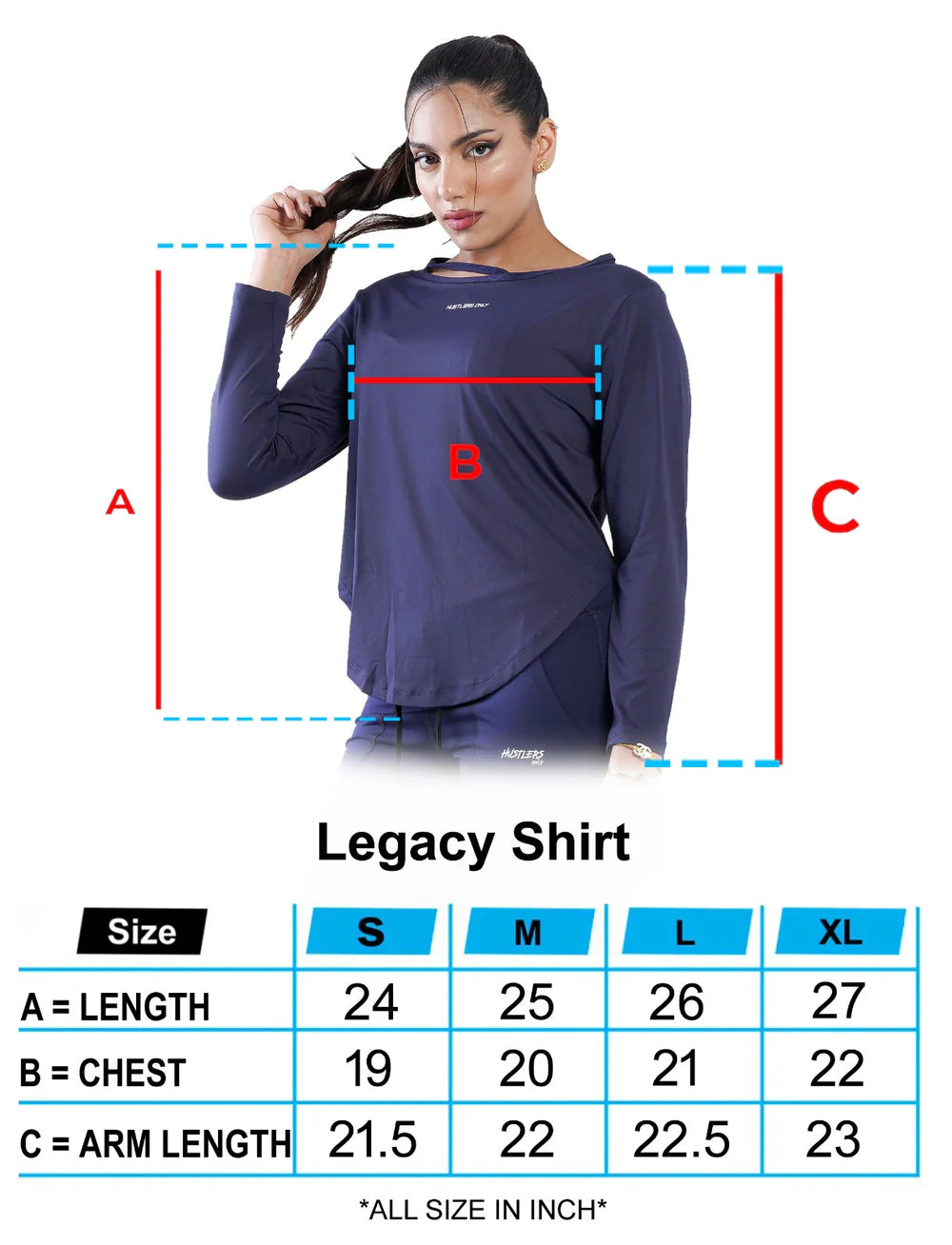 Blue Legacy Shirt For Women Sizechart | HustlersOnlyUK