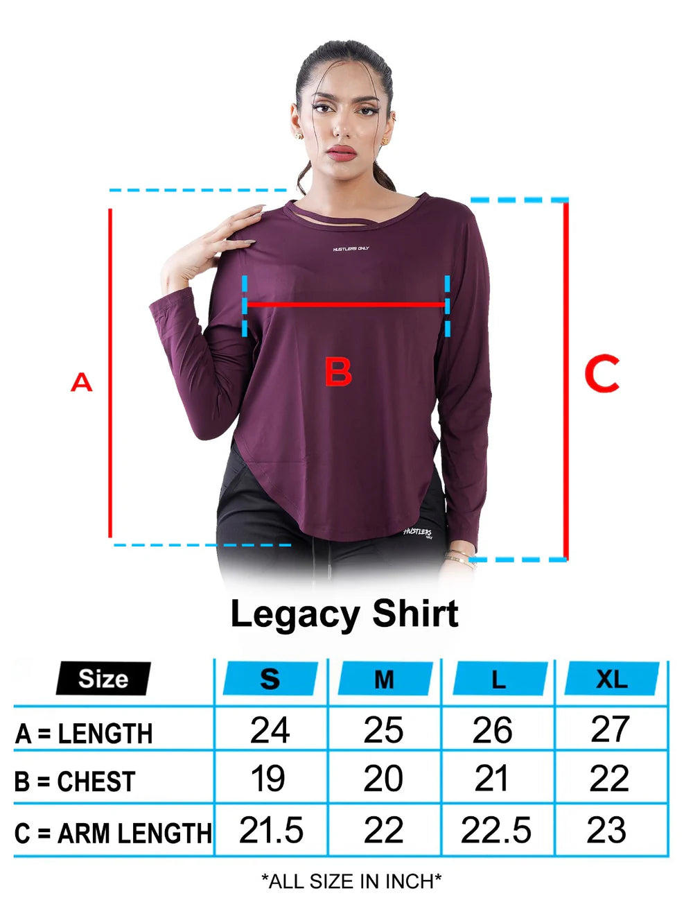 Maroon Legacy Shirt For Women Sizechart | HustlersOnlyUK