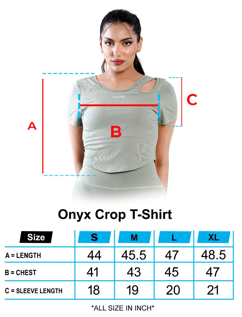 Light Green Onyx Crop TShirt Sizechart For Women | HustlersOnlyUK
