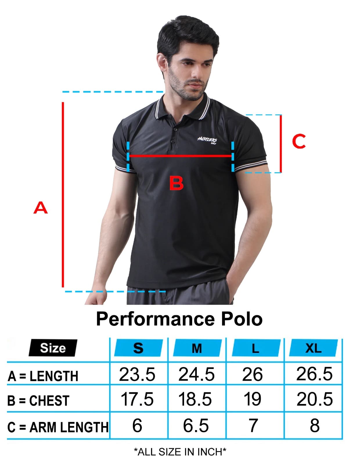 Black Performance Polo TShirt Size Chart | HustlersOnlyUK