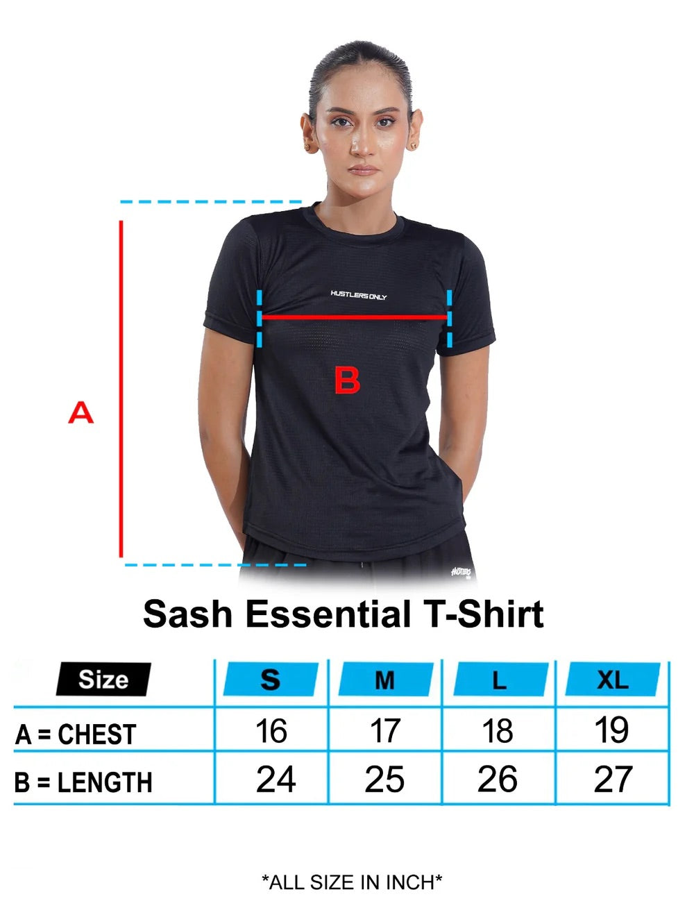Sash Essential Black T-Shirt Sizechart | HustlersOnlyUK