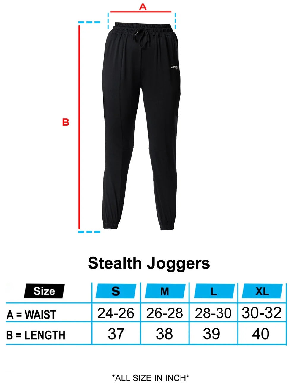 Black Stealth Joggers Sizechart | HustlersOnlyUK