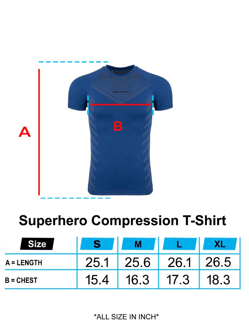 Superhero Compression Navy T-shirt Sizechart | HustlersOnlyUK