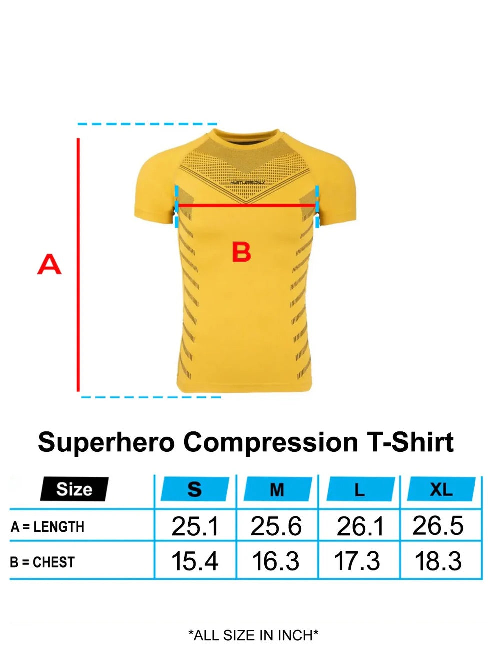 Superhero Yellow Compression T-shirt Sizechart | HustlersOnlyUK