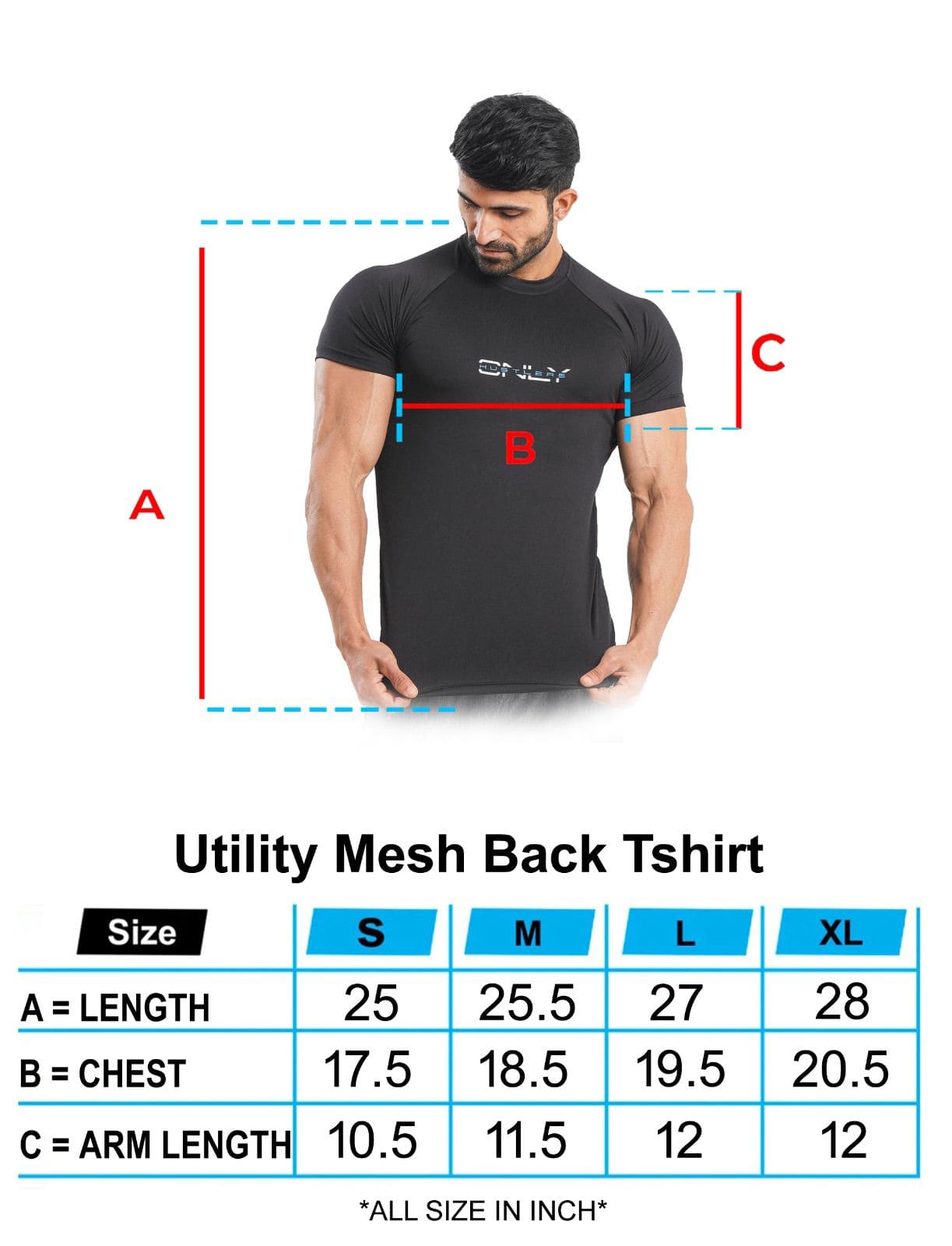 Black Utility Mesh Back T-shirt Size Chart | HustlersOnlyUK