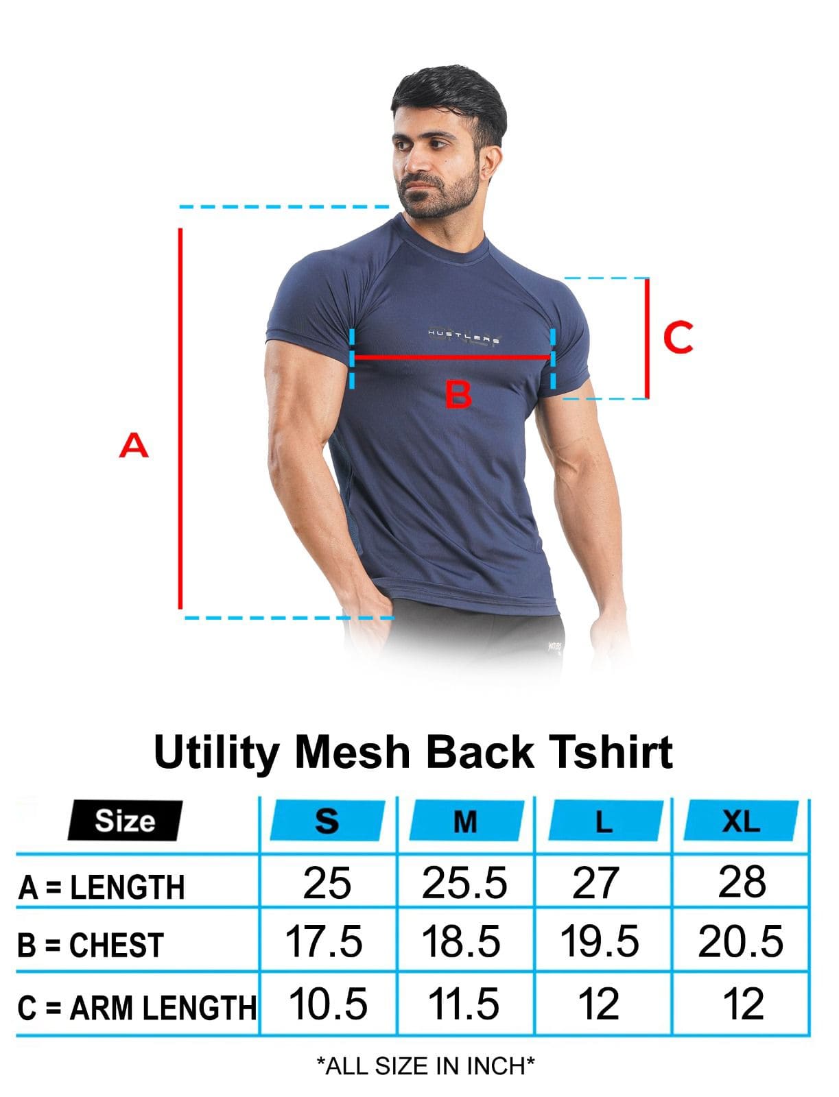 Utility Mesh Back Navy T-shirt Size Chart | HustlersOnlyUK
