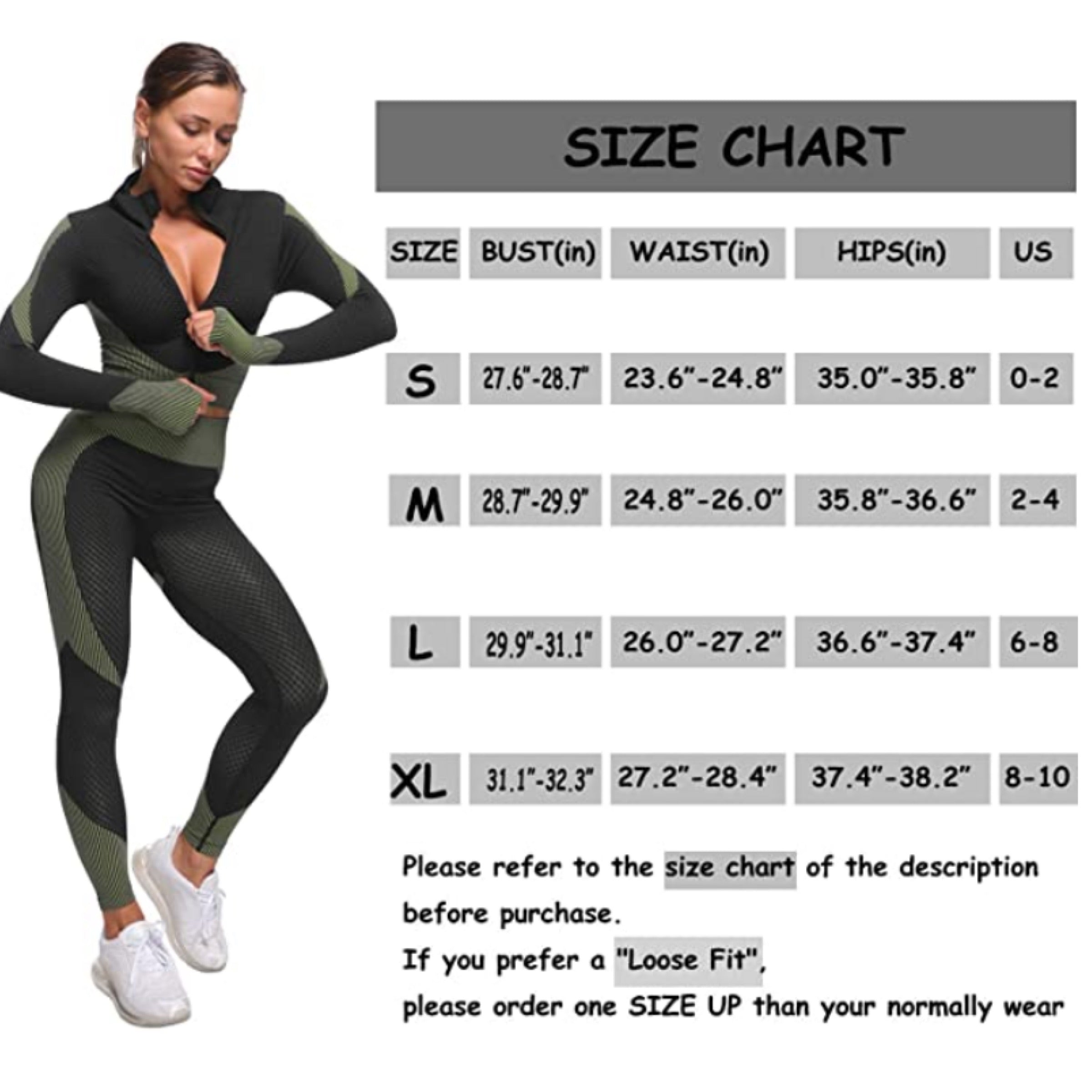 Flex 3 Piece Seamless Apparel Sizechart for Women (Black-Green) | HustlersOnlyUK
