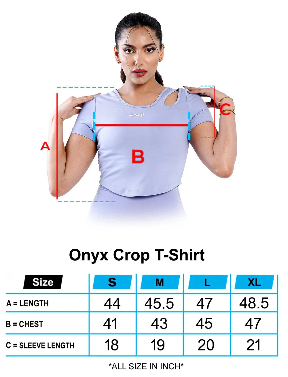 Blue Onyx Crop TShirt Sizechart | HustlersOnlyUK
