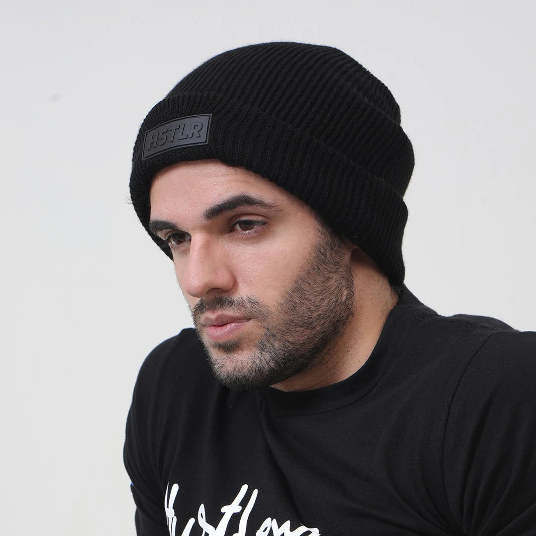 Black Ribbed Cuff Beanie For Men | HustlersOnlyUK