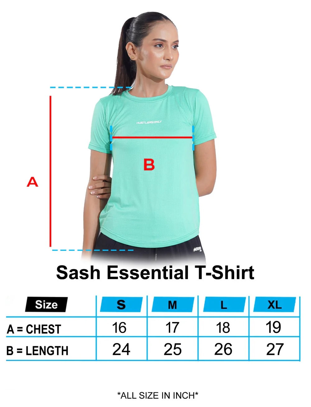 Sash Essential Mint T-Shirt Sizechart For Women | HustlersOnlyUK