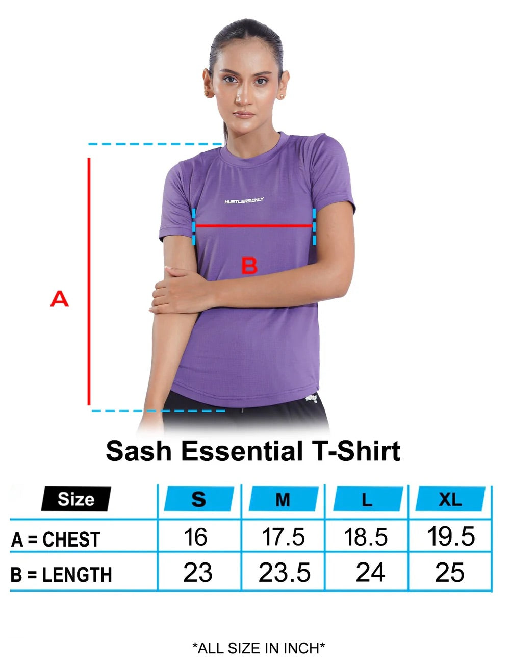 Sash Essential Purple T-Shirt Sizechart | HustlersOnlyUK